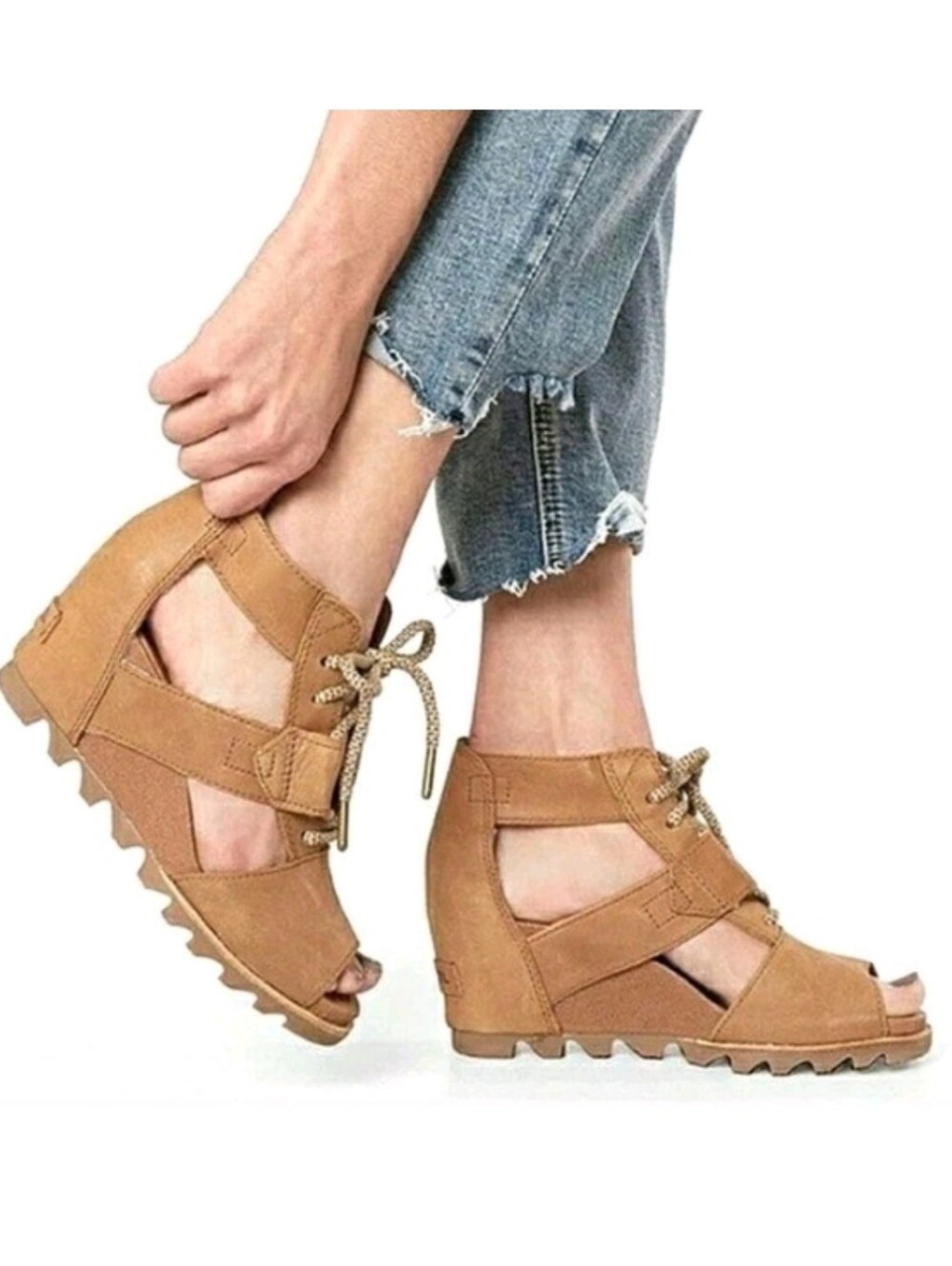 Sorel-"Joanie" Ankle Leather Lace Up Open Toe Wedge Sandals-Size 6.5